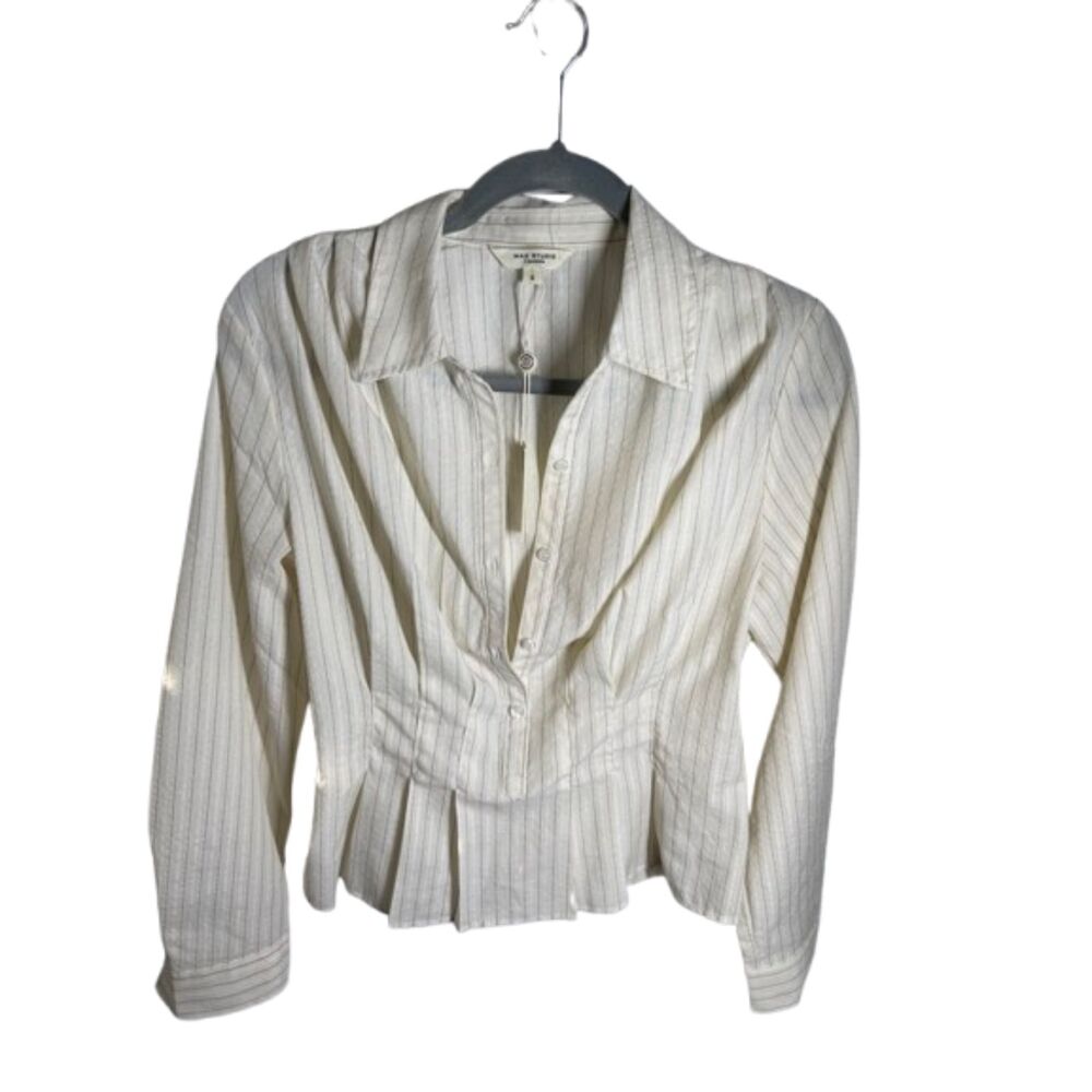 Max Studio London Women’s Small Ivory Pinstripe Peplum Blouse Fitted